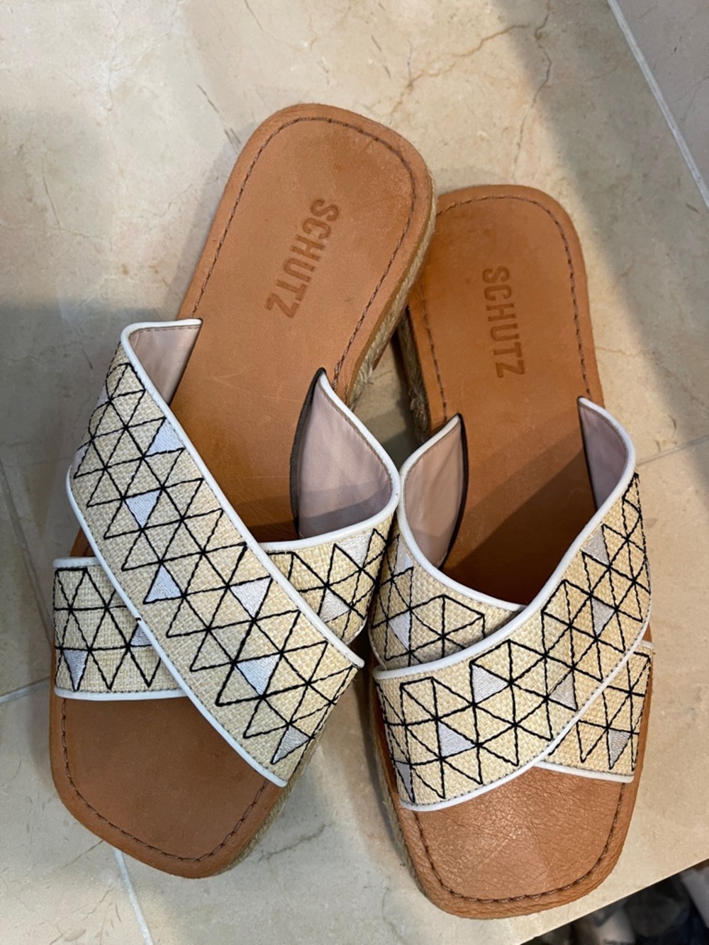 SCHUTZ Beige and White Crisscross Slide Mules